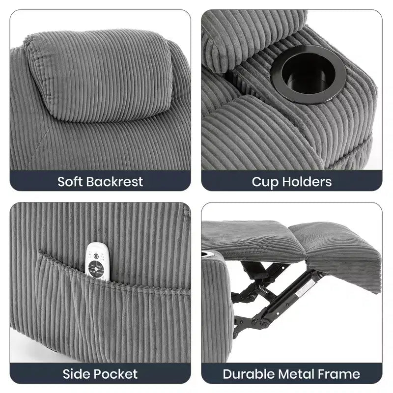 Fauteuil inclinable électrique avec fonction releveur pour personnes âgées, canapé inclinable électrique pour salon avec massage et chauffage, poches latérales et 2 porte-gobelets