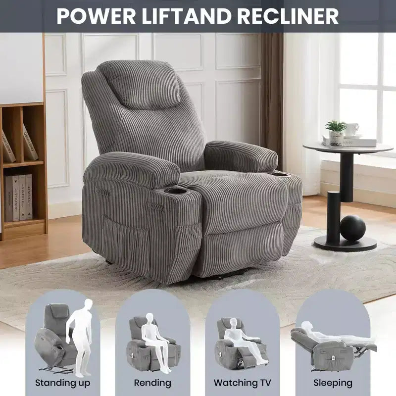 Fauteuil inclinable électrique avec fonction releveur pour personnes âgées, canapé inclinable électrique pour salon avec massage et chauffage, poches latérales et 2 porte-gobelets
