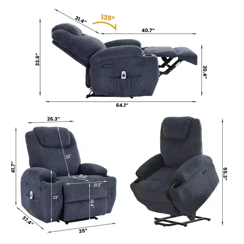 Fauteuil inclinable électrique avec fonction releveur pour personnes âgées, canapé inclinable électrique pour salon avec massage et chauffage, poches latérales et 2 porte-gobelets
