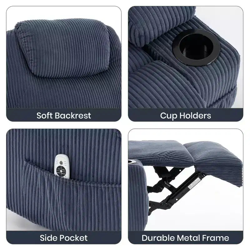 Fauteuil inclinable électrique avec fonction releveur pour personnes âgées, canapé inclinable électrique pour salon avec massage et chauffage, poches latérales et 2 porte-gobelets