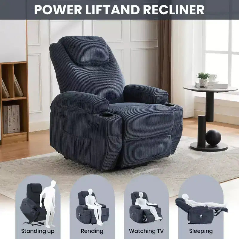 Fauteuil inclinable électrique avec fonction releveur pour personnes âgées, canapé inclinable électrique pour salon avec massage et chauffage, poches latérales et 2 porte-gobelets