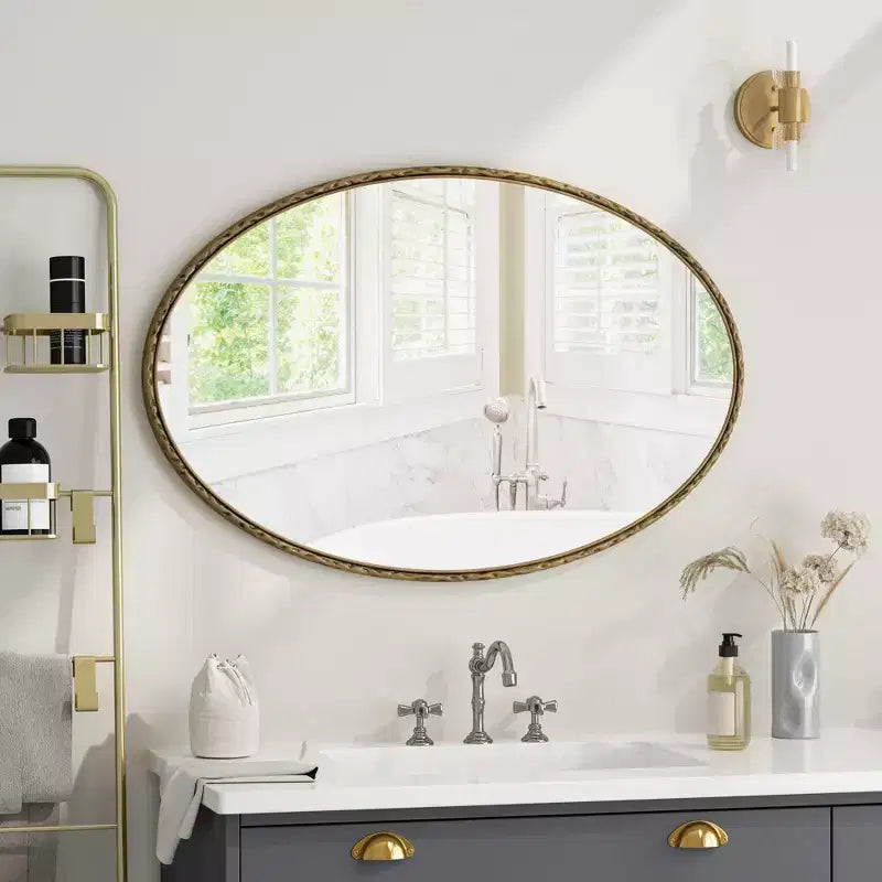 Miroir de salle de bain ovale vintage Okak 39IN avec cadre en métal, miroir mural à effet vieilli, miroir de courtoisie pour salle de bain, salon, chambre