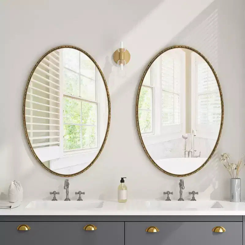 Miroir de salle de bain ovale vintage Okak 39IN avec cadre en métal, miroir mural à effet vieilli, miroir de courtoisie pour salle de bain, salon, chambre