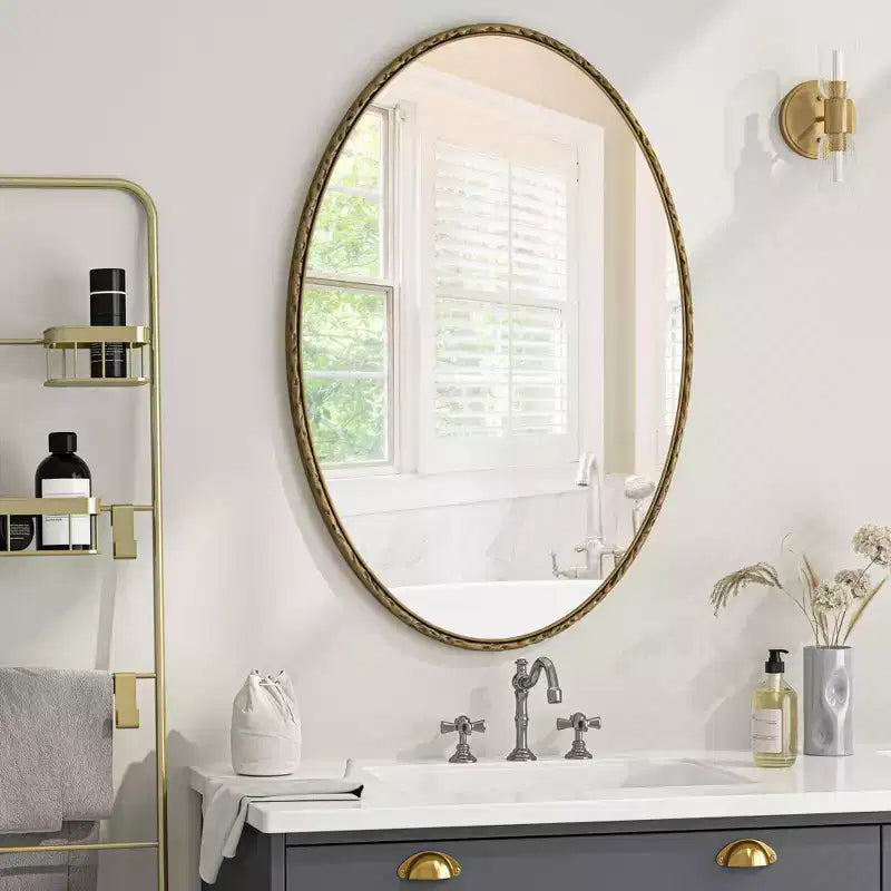 Miroir de salle de bain ovale vintage Okak 39IN avec cadre en métal, miroir mural à effet vieilli, miroir de courtoisie pour salle de bain, salon, chambre