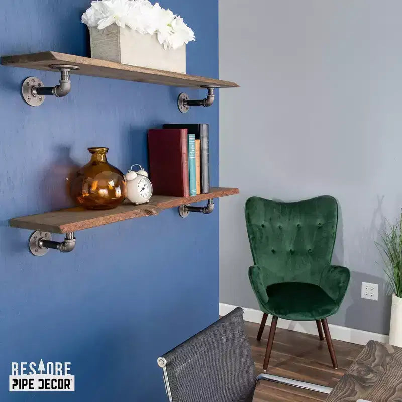 Étagère murale en bois massif à bord brut, 36 po, noir Boulder, avec supports en tuyau en L (paquet de 2), de Pipe Decor
