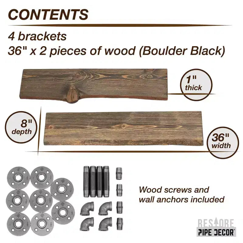 Étagère murale en bois massif à bord brut, 36 po, noir Boulder, avec supports en tuyau en L (paquet de 2), de Pipe Decor