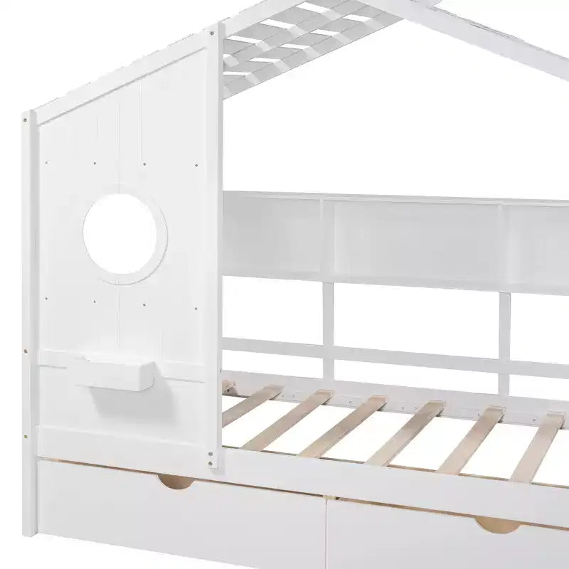 Lit cabane avec toit et fenêtre, cadre de lit de repos en bois avec étagères et 2 tiroirs pour enfants filles garçons, blanc