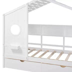 Lit cabane avec toit et fenêtre, cadre de lit de repos en bois avec étagères et 2 tiroirs pour enfants filles garçons, blanc