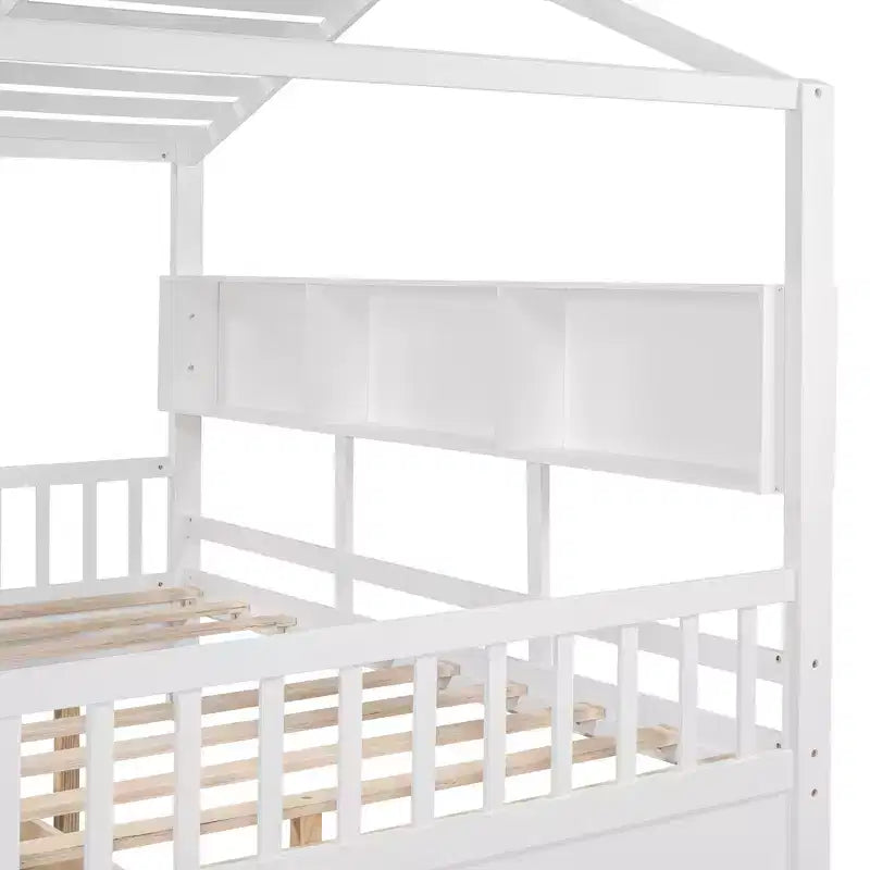 Lit cabane avec toit et fenêtre, cadre de lit de repos en bois avec étagères et 2 tiroirs pour enfants filles garçons, blanc
