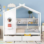 Lit cabane avec toit et fenêtre, cadre de lit de repos en bois avec étagères et 2 tiroirs pour enfants filles garçons, blanc