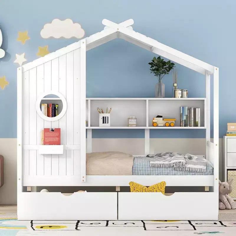 Lit cabane avec toit et fenêtre, cadre de lit de repos en bois avec étagères et 2 tiroirs pour enfants filles garçons, blanc