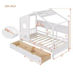 Lit cabane avec toit et fenêtre, cadre de lit de repos en bois avec étagères et 2 tiroirs pour enfants filles garçons, blanc