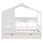 Lit cabane avec toit et fenêtre, cadre de lit de repos en bois avec étagères et 2 tiroirs pour enfants filles garçons, blanc