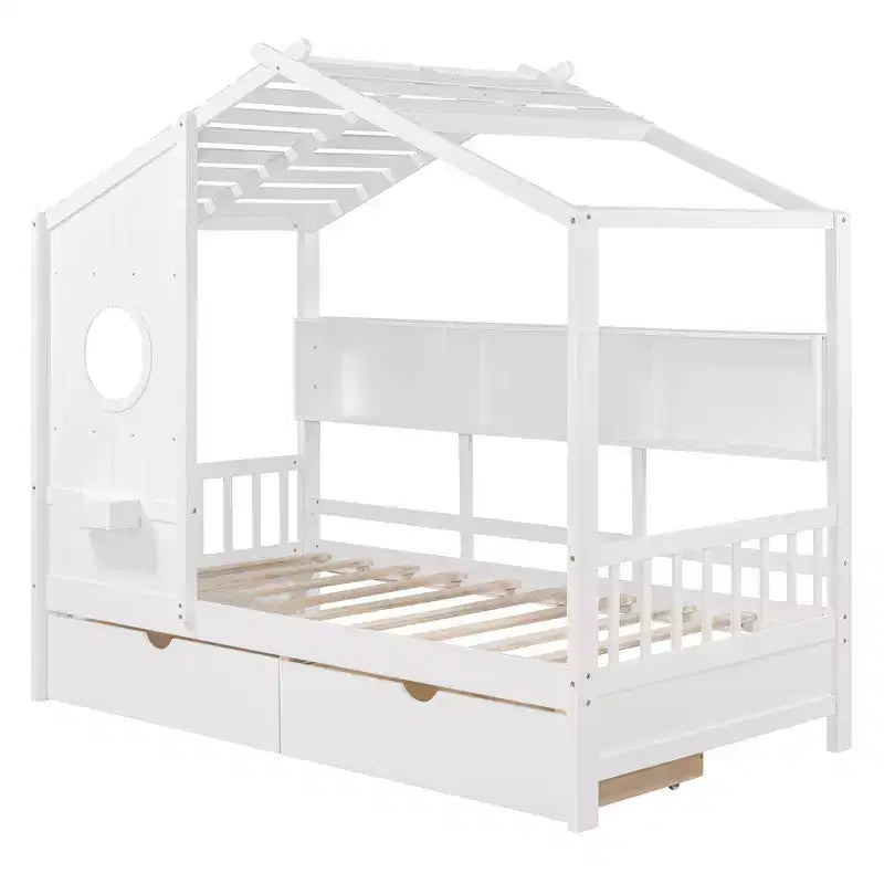 Lit cabane avec toit et fenêtre, cadre de lit de repos en bois avec étagères et 2 tiroirs pour enfants filles garçons, blanc
