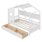 Lit cabane avec toit et fenêtre, cadre de lit de repos en bois avec étagères et 2 tiroirs pour enfants filles garçons, blanc