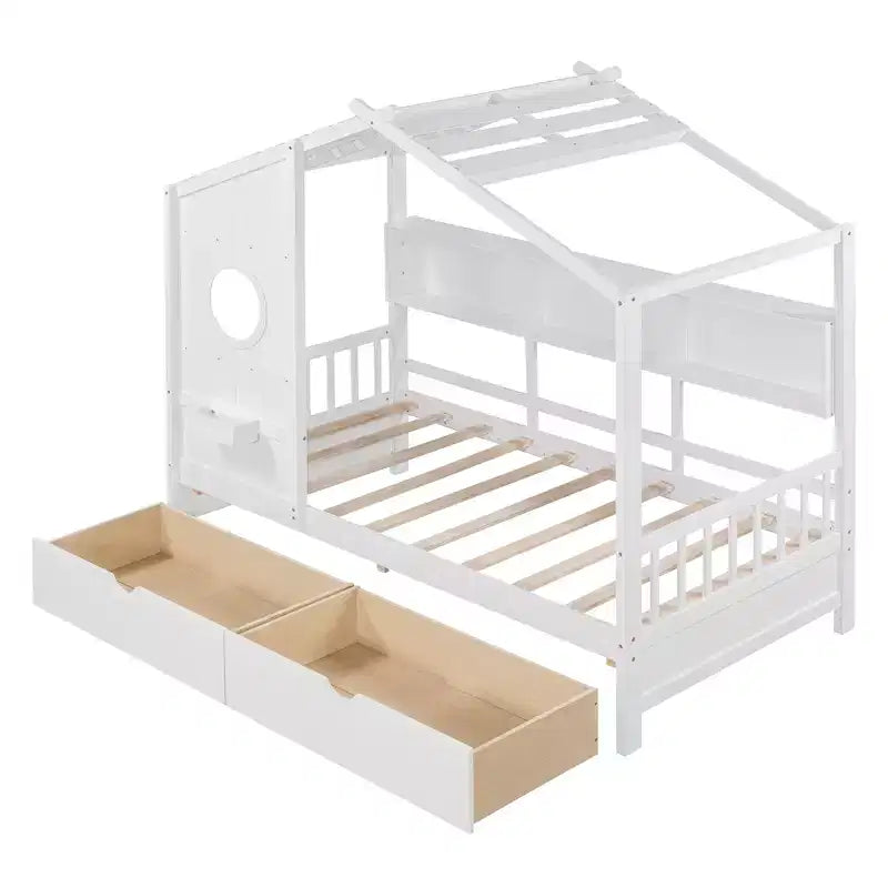 Lit cabane avec toit et fenêtre, cadre de lit de repos en bois avec étagères et 2 tiroirs pour enfants filles garçons, blanc