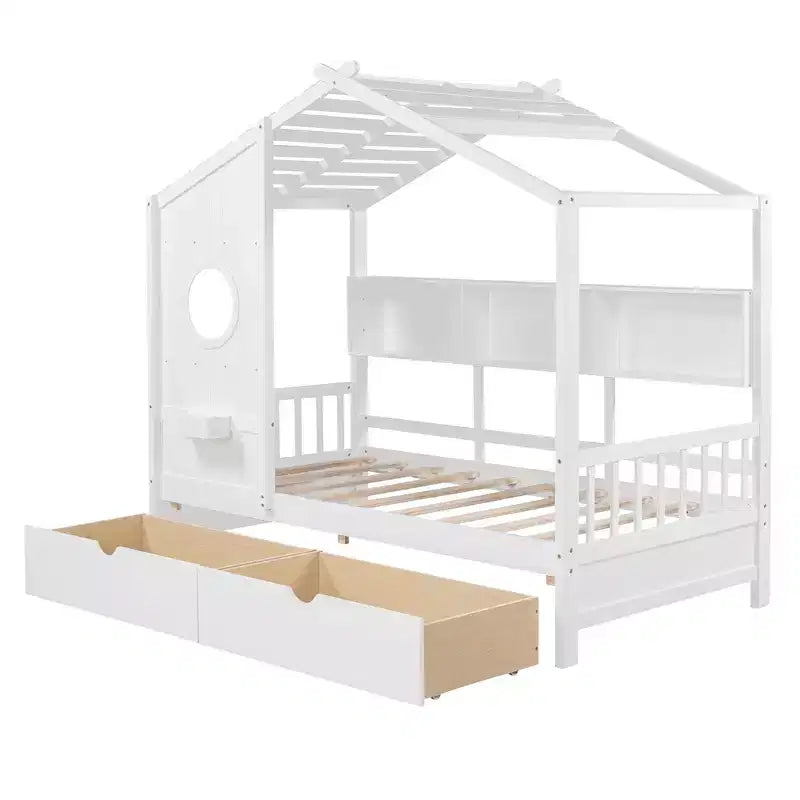 Lit cabane avec toit et fenêtre, cadre de lit de repos en bois avec étagères et 2 tiroirs pour enfants filles garçons, blanc