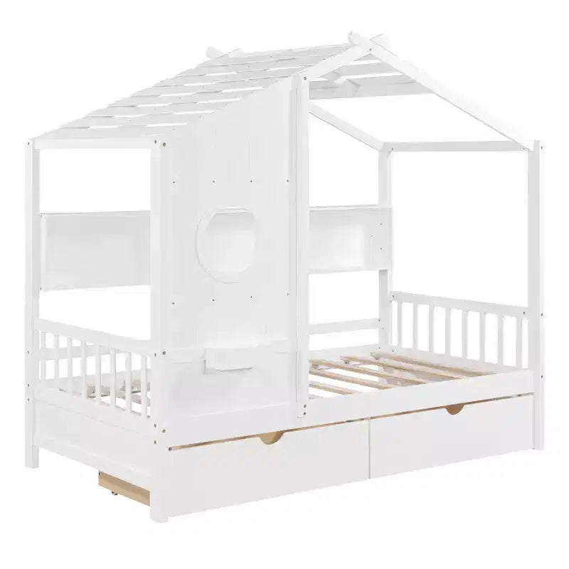 Lit cabane avec toit et fenêtre, cadre de lit de repos en bois avec étagères et 2 tiroirs pour enfants filles garçons, blanc