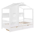 Lit cabane avec toit et fenêtre, cadre de lit de repos en bois avec étagères et 2 tiroirs pour enfants filles garçons, blanc