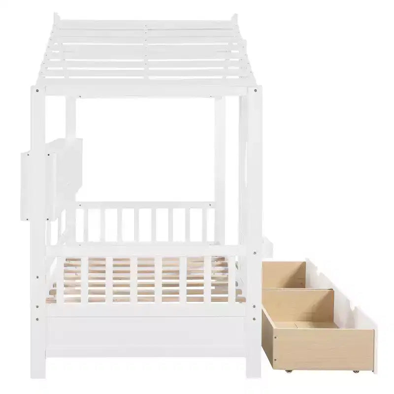 Lit cabane avec toit et fenêtre, cadre de lit de repos en bois avec étagères et 2 tiroirs pour enfants filles garçons, blanc