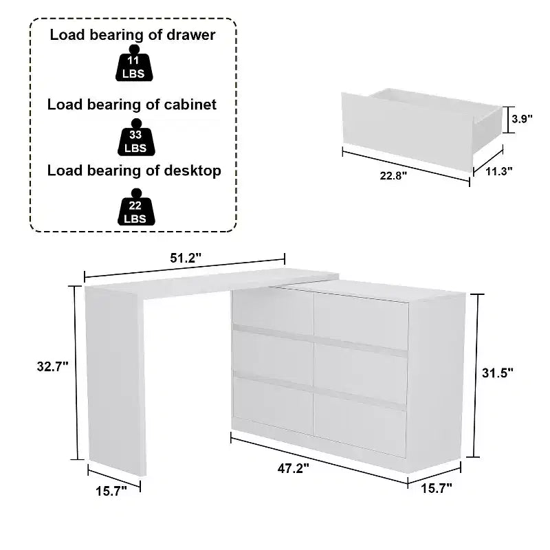 Commode convertible Famapy, coiffeuse avec 6 tiroirs, bureau d'étude/d'ordinateur, unité de rangement tout-en-un pour l'amélioration de votre espace de bureau à domicile