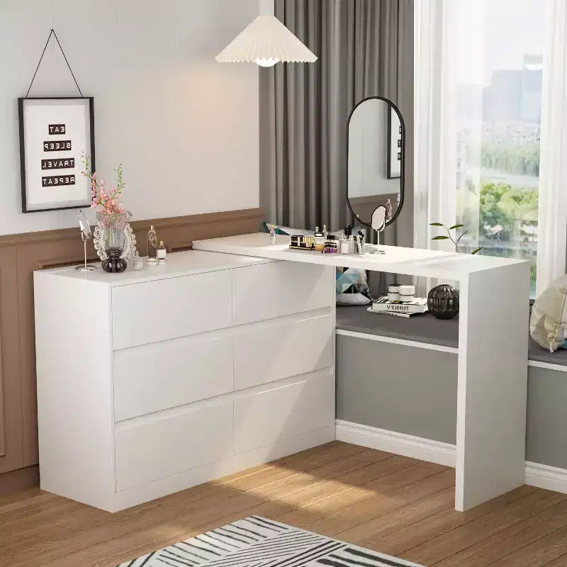 Commode convertible Famapy, coiffeuse avec 6 tiroirs, bureau d'étude/d'ordinateur, unité de rangement tout-en-un pour l'amélioration de votre espace de bureau à domicile
