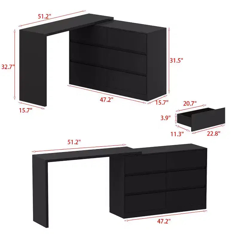 Commode convertible Famapy, coiffeuse avec 6 tiroirs, bureau d'étude/d'ordinateur, unité de rangement tout-en-un pour l'amélioration de votre espace de bureau à domicile