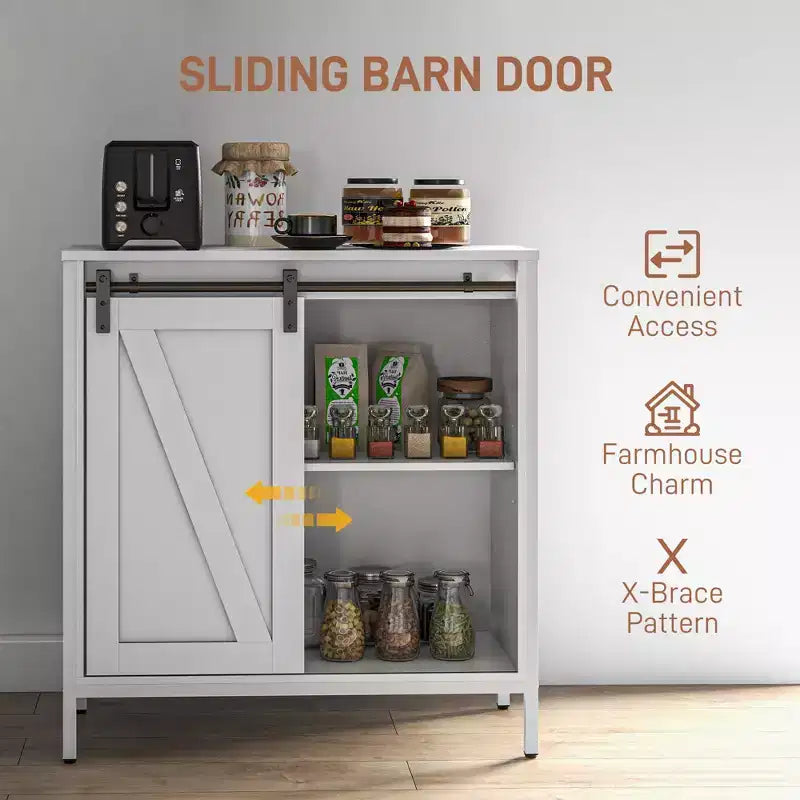 Buffet de cuisine, Vaisselier style ferme, Meuble bar avec étagère réglable, Porte coulissante de grange pour la cuisine