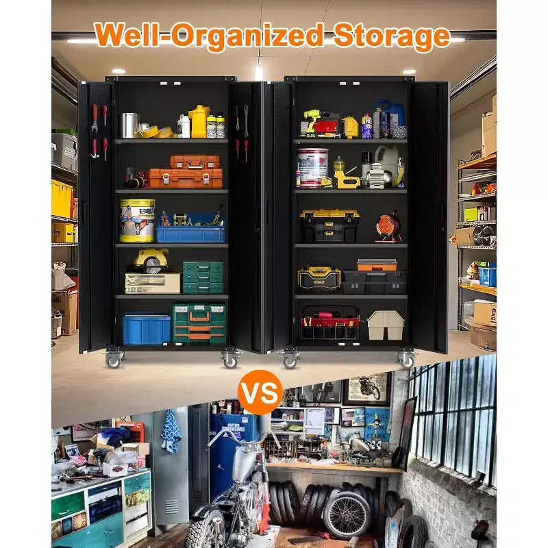 Armoire de rangement haute en métal de 72 po avec roulettes, armoire à outils en acier laminé à froid, 4 étagères réglables, roulante verrouillable