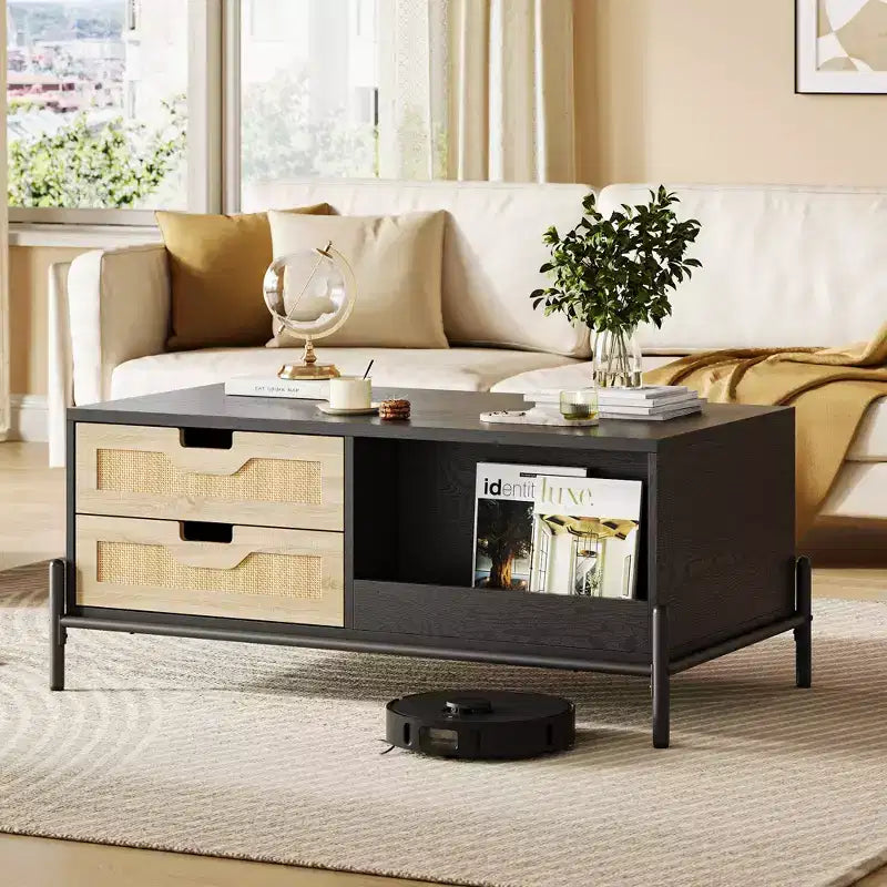 Table basse bohème rustique en rotin avec 4 tiroirs tressés et étagère de rangement ouverte, tables basses avec lumières LED, table basse en bois pour salon