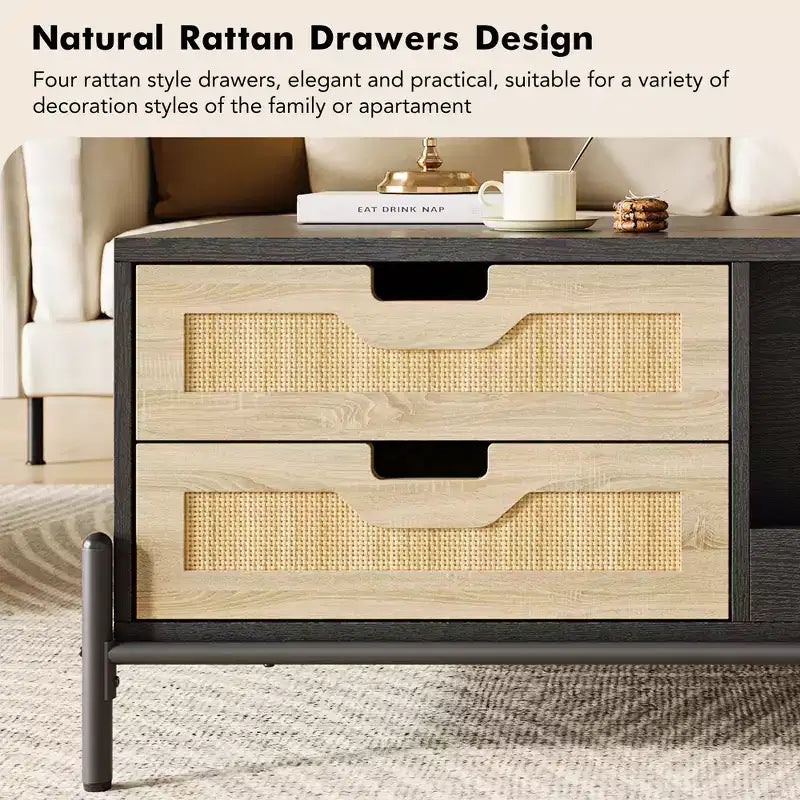 Table basse bohème rustique en rotin avec 4 tiroirs tressés et étagère de rangement ouverte, tables basses avec lumières LED, table basse en bois pour salon