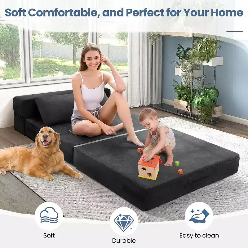 Homdox Fauteuil-lit pliable avec oreiller, Chaise convertible, Matelas de sol en mousse pour salon/chambre/invités/bureau, Lit double