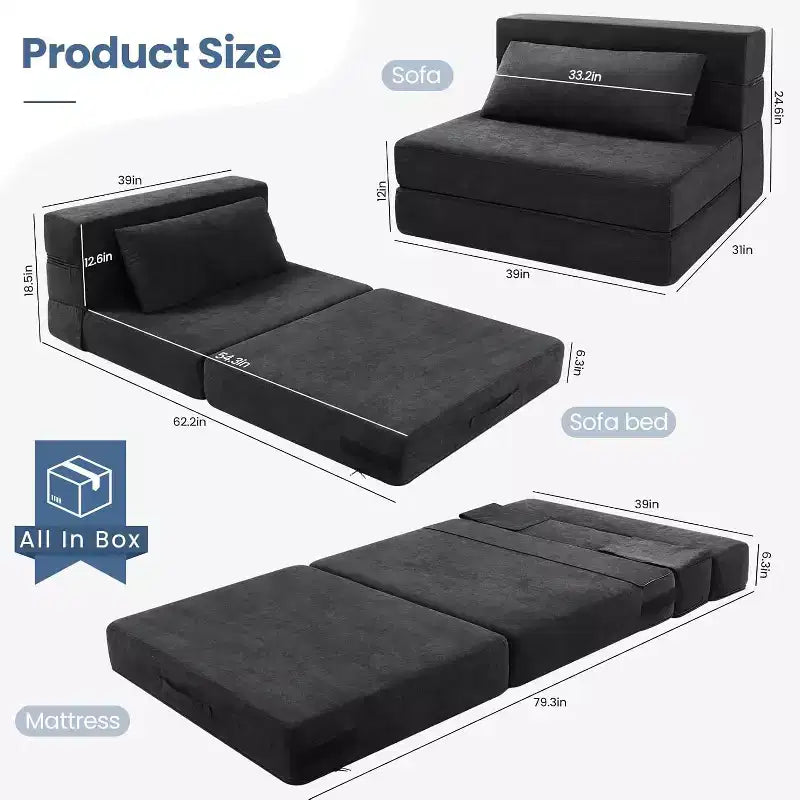 Homdox Fauteuil-lit pliable avec oreiller, Chaise convertible, Matelas de sol en mousse pour salon/chambre/invités/bureau, Lit double