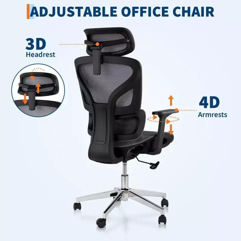 Chaise de bureau ergonomique GustoWave avec dossier en maille respirante, soutien lombaire élevé, accoudoirs réglables 3D pour le travail ou le jeu
