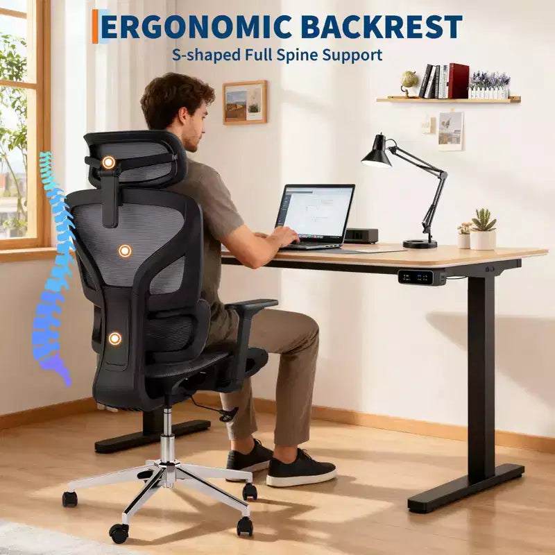 Chaise de bureau ergonomique GustoWave avec dossier en maille respirante, soutien lombaire élevé, accoudoirs réglables 3D pour le travail ou le jeu