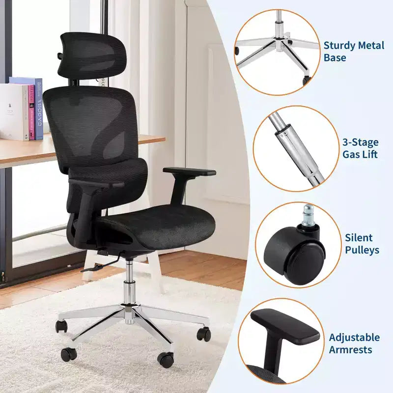 Chaise de bureau ergonomique GustoWave avec dossier en maille respirante, soutien lombaire élevé, accoudoirs réglables 3D pour le travail ou le jeu