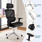 Chaise de bureau ergonomique GustoWave avec dossier en maille respirante, soutien lombaire élevé, accoudoirs réglables 3D pour le travail ou le jeu