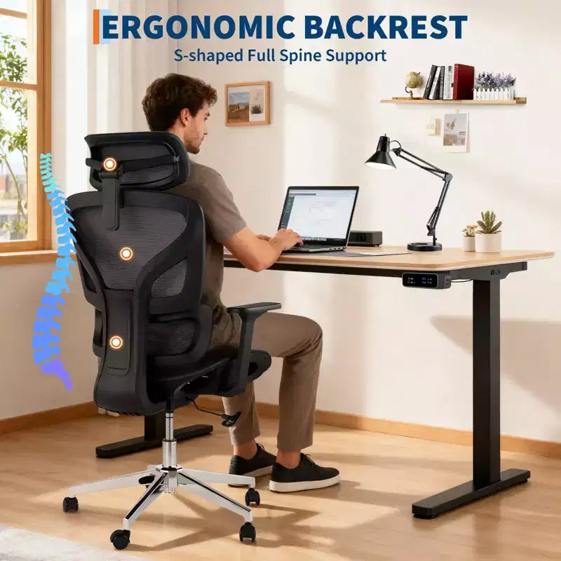 Chaise de bureau ergonomique GustoWave avec dossier en maille respirante, soutien lombaire élevé, accoudoirs réglables 3D pour le travail ou le jeu