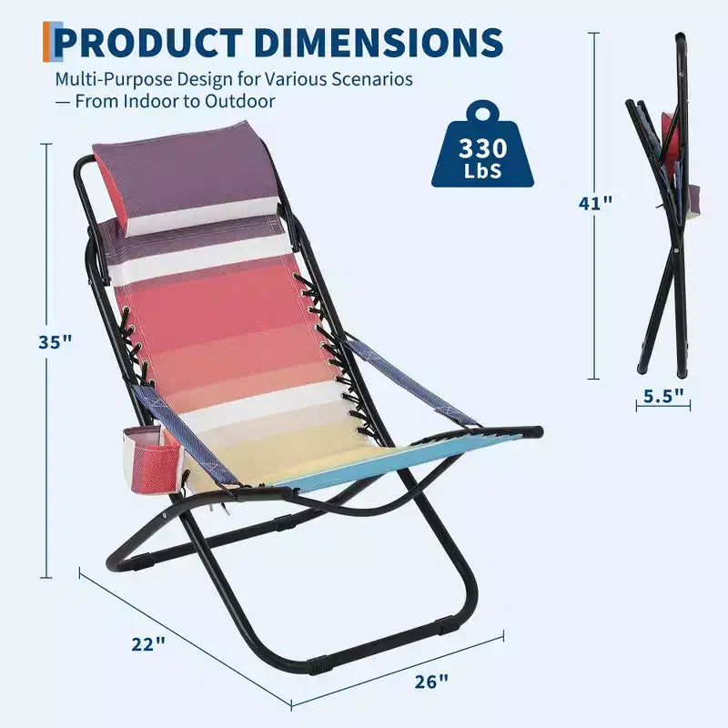 Chaise de Plage Portable pour Adultes, Chaise de Camping Pliante Extérieure avec Appui-tête, Rayures Arc-en-ciel Robustes
