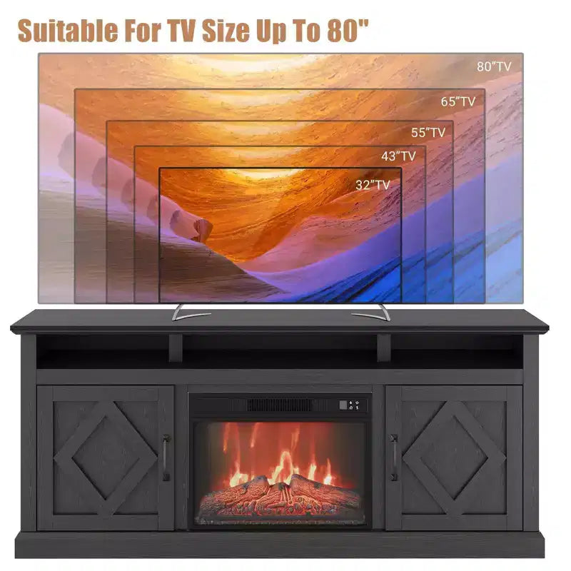 Meuble TV de 65 po avec cheminée électrique en verre de 23 po pour téléviseurs jusqu'à 80 po, meuble de divertissement moderne avec cheminée et étagère de rangement ouverte pour salon