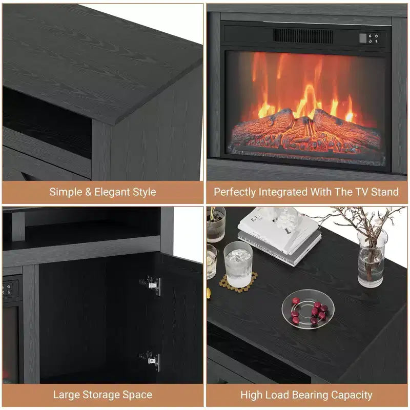 Meuble TV de 65 po avec cheminée électrique en verre de 23 po pour téléviseurs jusqu'à 80 po, meuble de divertissement moderne avec cheminée et étagère de rangement ouverte pour salon