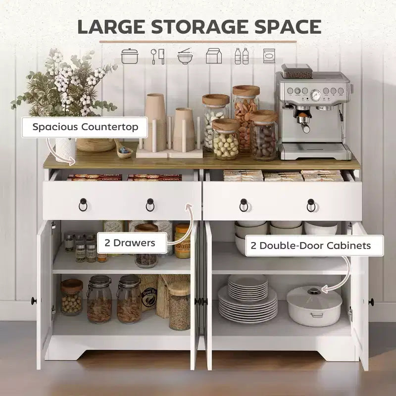 Buffet de cuisine avec portes coulissantes style grange, tiroirs et étagères réglables