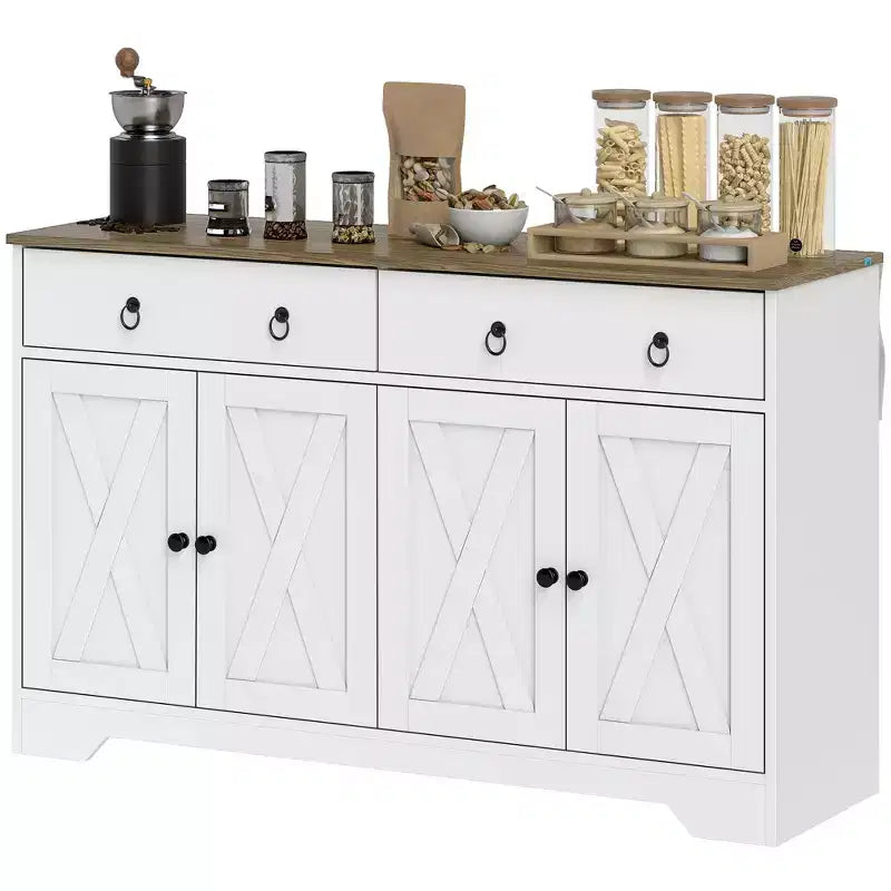 Buffet de cuisine avec portes coulissantes style grange, tiroirs et étagères réglables