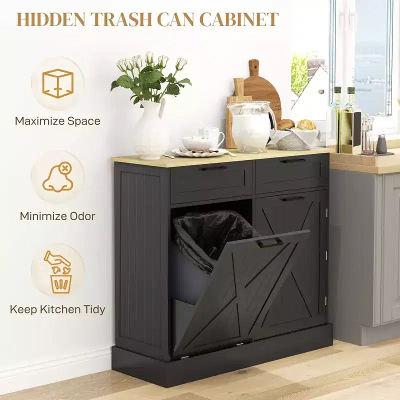 Meuble de cuisine de ferme de 10 gallons avec poubelle cachée et 2 tiroirs, meuble poubelle basculant pour la cuisine