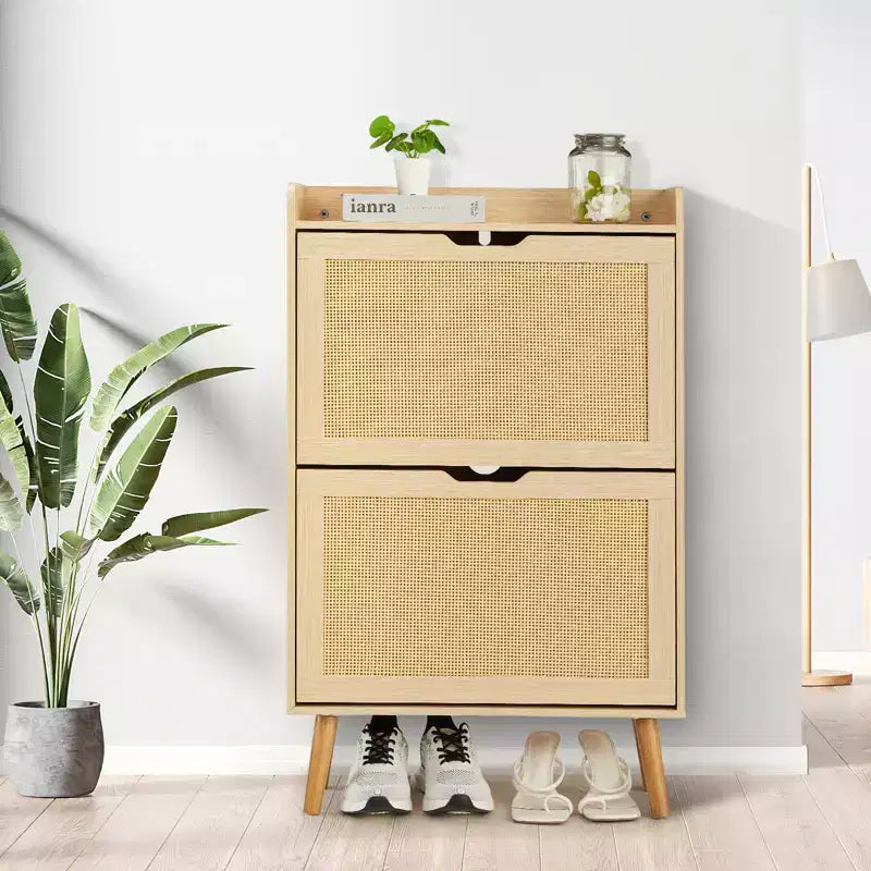 Meuble à chaussures dissimulé avec 2 tiroirs basculants en rotin et design anti-basculement, Armoire à chaussures pour entrée, couloir, rangement pour 12 à 15 paires
