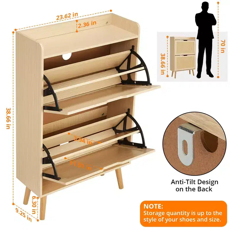 Meuble à chaussures dissimulé avec 2 tiroirs basculants en rotin et design anti-basculement, Armoire à chaussures pour entrée, couloir, rangement pour 12 à 15 paires