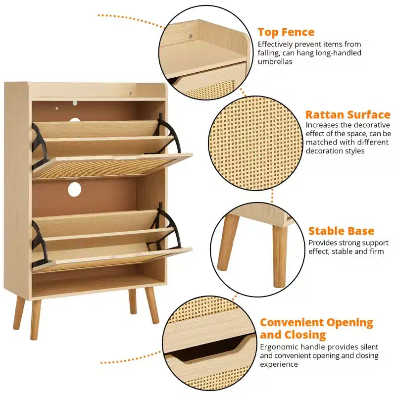 Meuble à chaussures dissimulé avec 2 tiroirs basculants en rotin et design anti-basculement, Armoire à chaussures pour entrée, couloir, rangement pour 12 à 15 paires