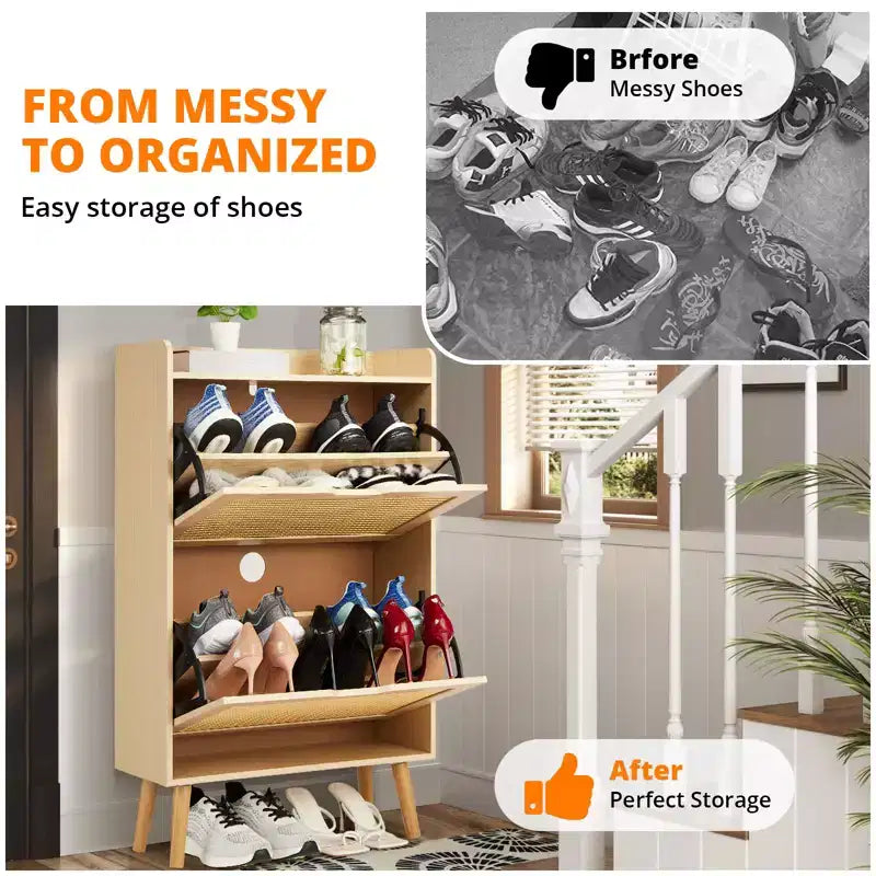 Meuble à chaussures dissimulé avec 2 tiroirs basculants en rotin et design anti-basculement, Armoire à chaussures pour entrée, couloir, rangement pour 12 à 15 paires
