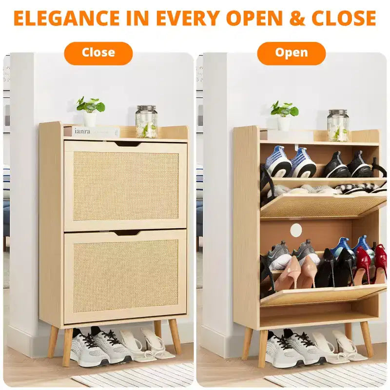 Meuble à chaussures dissimulé avec 2 tiroirs basculants en rotin et design anti-basculement, Armoire à chaussures pour entrée, couloir, rangement pour 12 à 15 paires