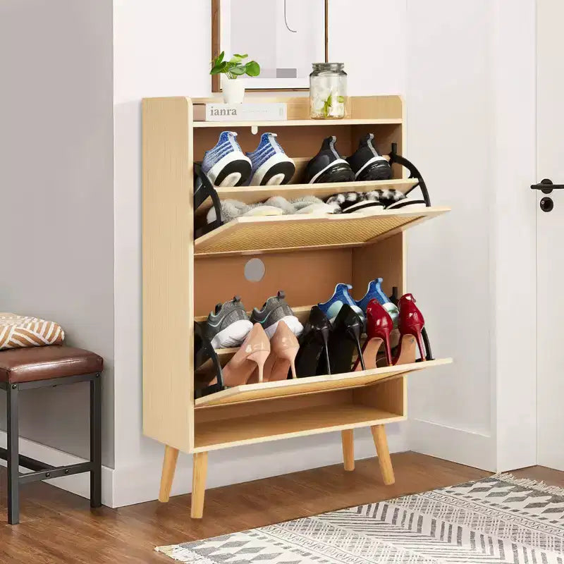 Meuble à chaussures dissimulé avec 2 tiroirs basculants en rotin et design anti-basculement, Armoire à chaussures pour entrée, couloir, rangement pour 12 à 15 paires